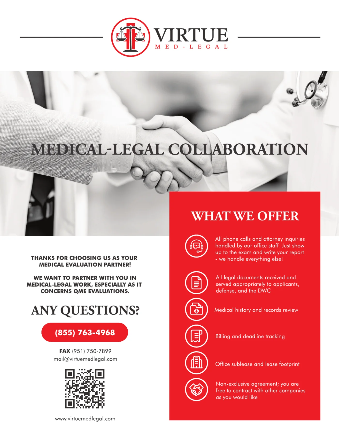 Virtue Med-Legal collaboration flier — what we offer collaborating doctors